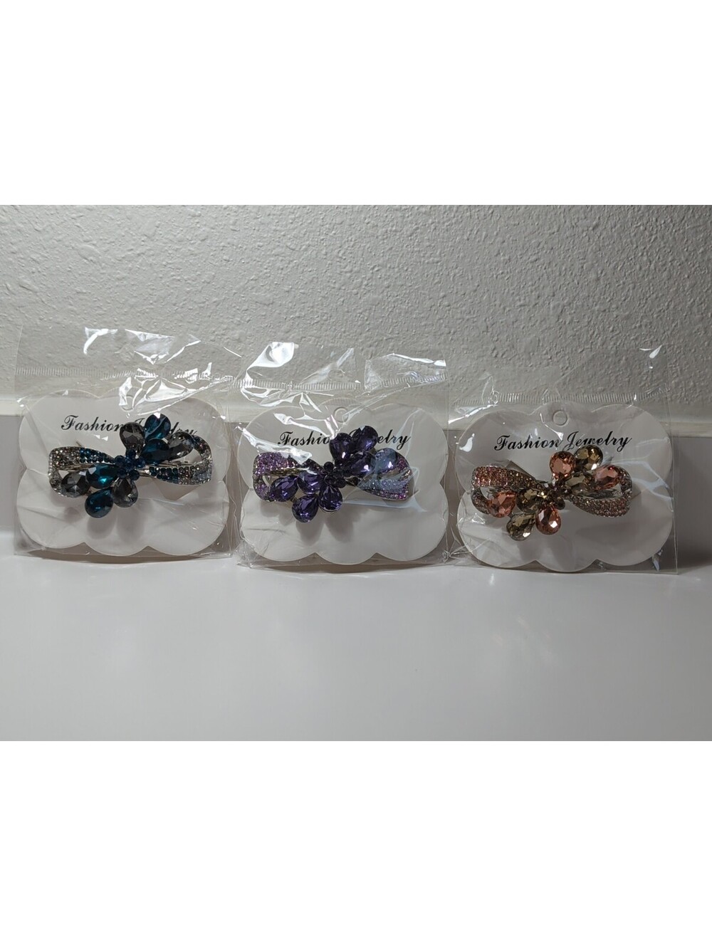 3 Modern Rhinestone Floral Bow Hair Barrettes Teal, Purple, Pink